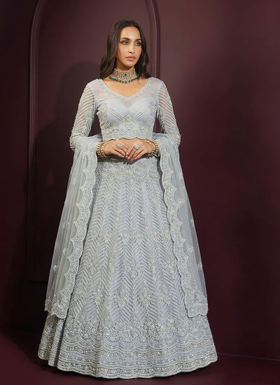 Light Blue Net Embroidered Wedding Lehenga Choli