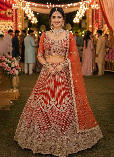 Orange Embroidery Wedding Lehenga Choli