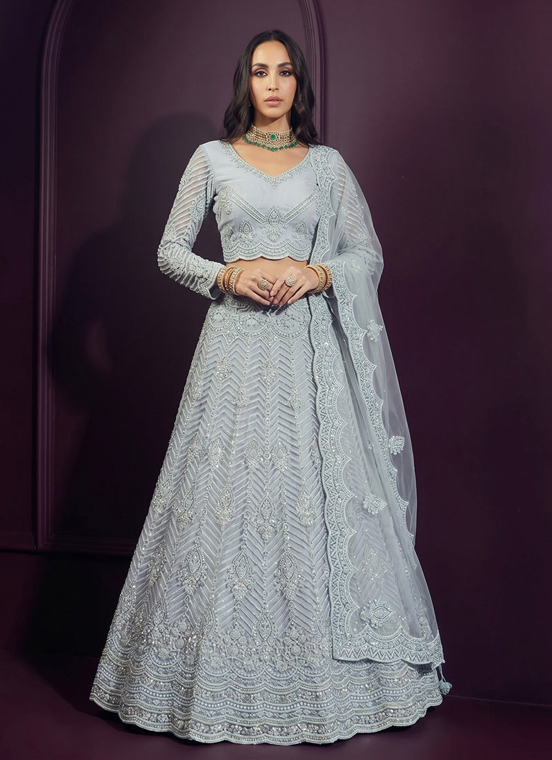 Light Blue Net Embroidered Wedding Lehenga Choli