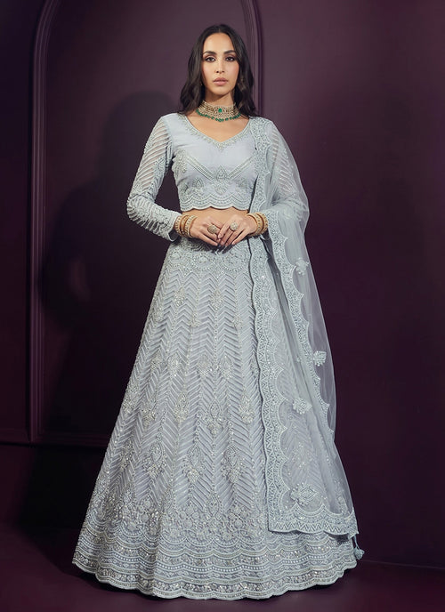 Light Blue Net Embroidered Wedding Lehenga Choli