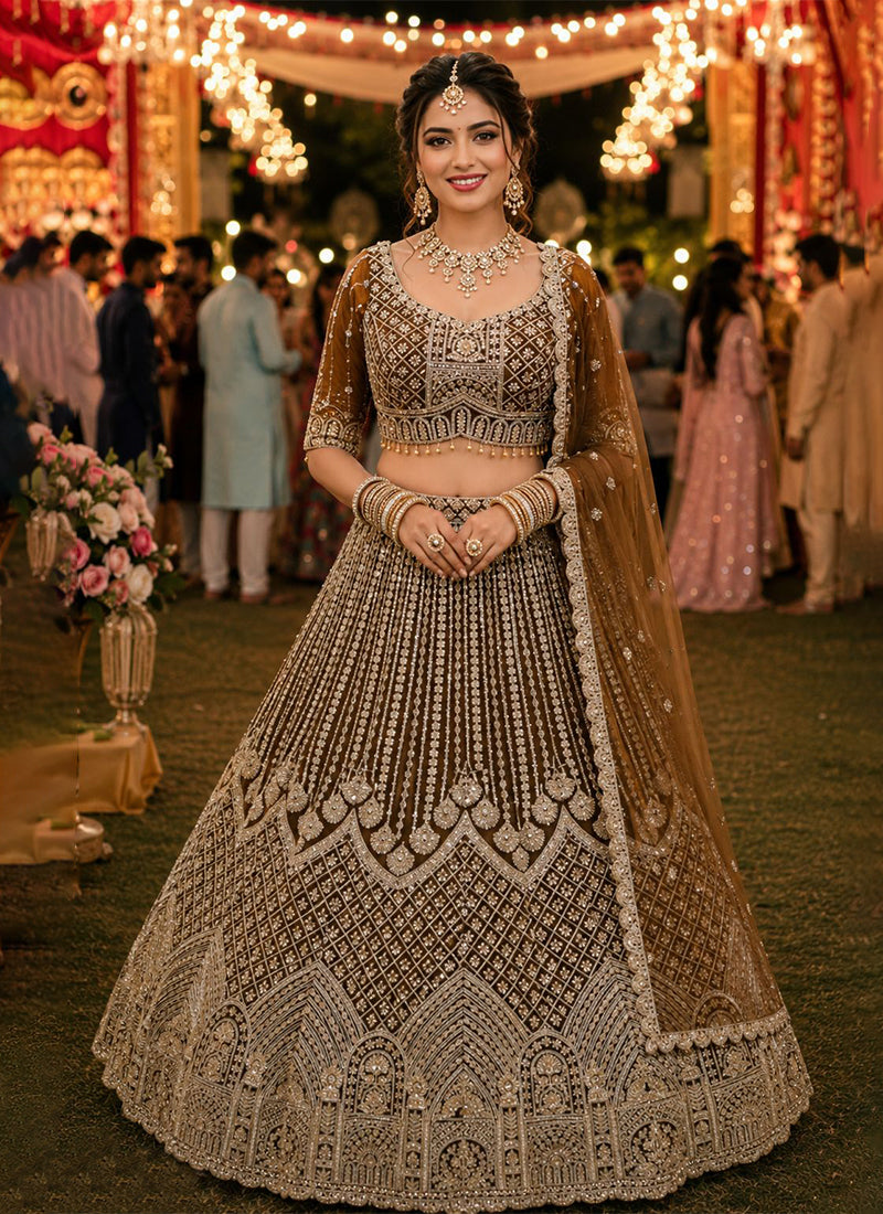 Brown Embroidery Net Wedding Lehenga Choli