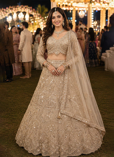 Champagne Gold Embroidery Net Wedding Lehenga Choli