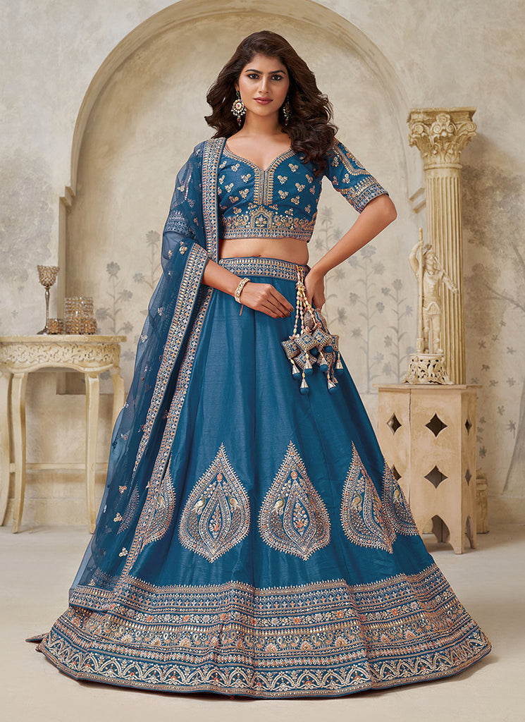 Teal Blue Multi Embroidery Bridal Lehenga Choli