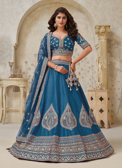 Teal Blue Multi Embroidery Bridal Lehenga Choli