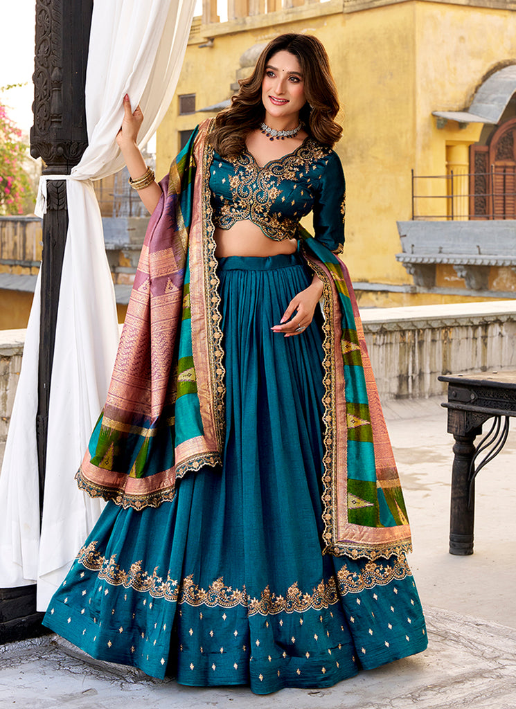 Teal Blue Golden Embroidered Festive Lehenga Choli