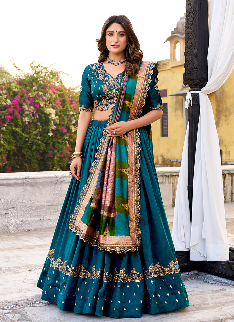 Teal Blue Golden Embroidered Festive Lehenga Choli