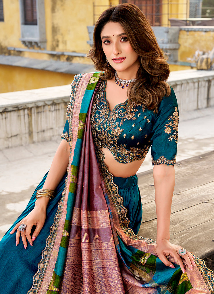 Teal Blue Golden Embroidered Festive Lehenga Choli