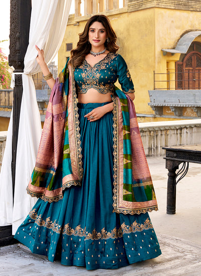 Teal Blue Golden Embroidered Festive Lehenga Choli