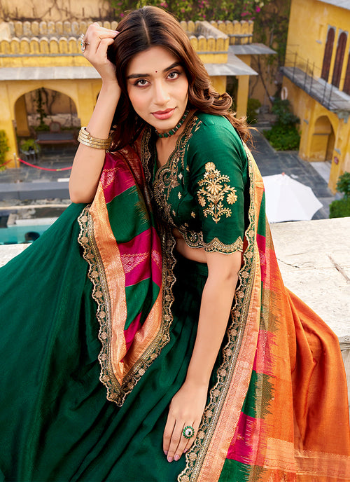 Dark Green Golden Embroidered Festive Lehenga Choli