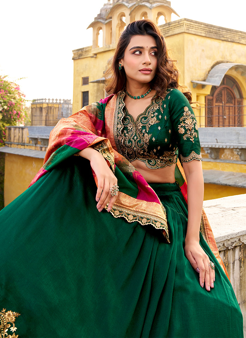Dark Green Golden Embroidered Festive Lehenga Choli