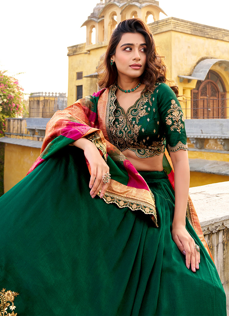Dark Green Golden Embroidered Festive Lehenga Choli