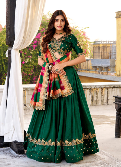 Dark Green Golden Embroidered Festive Lehenga Choli