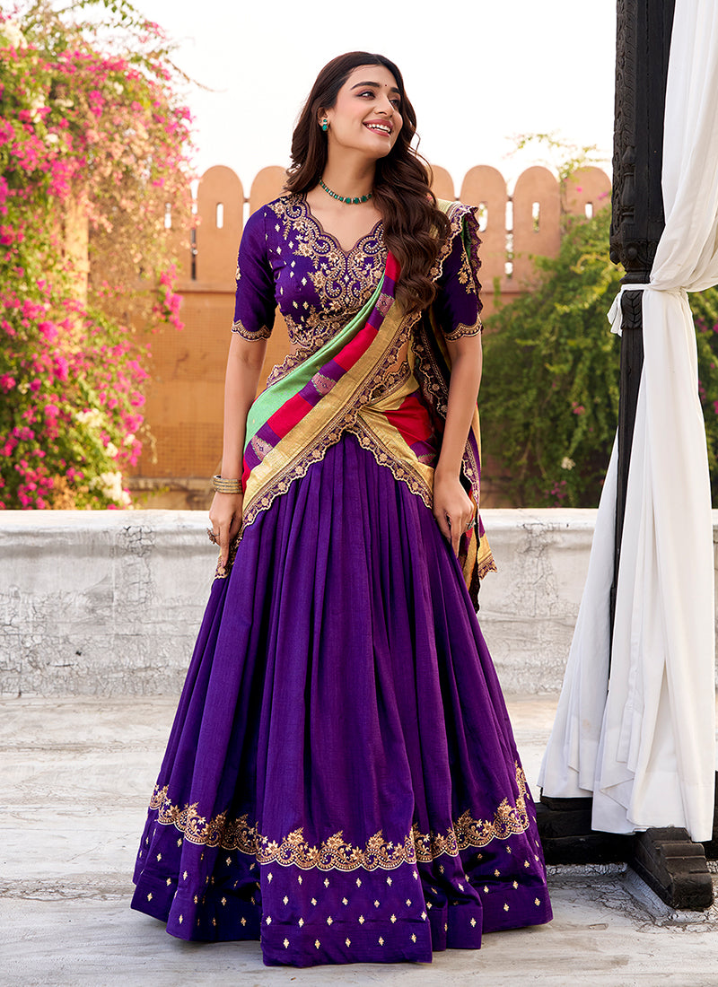 Violet Golden Embroidered Festive Lehenga Choli