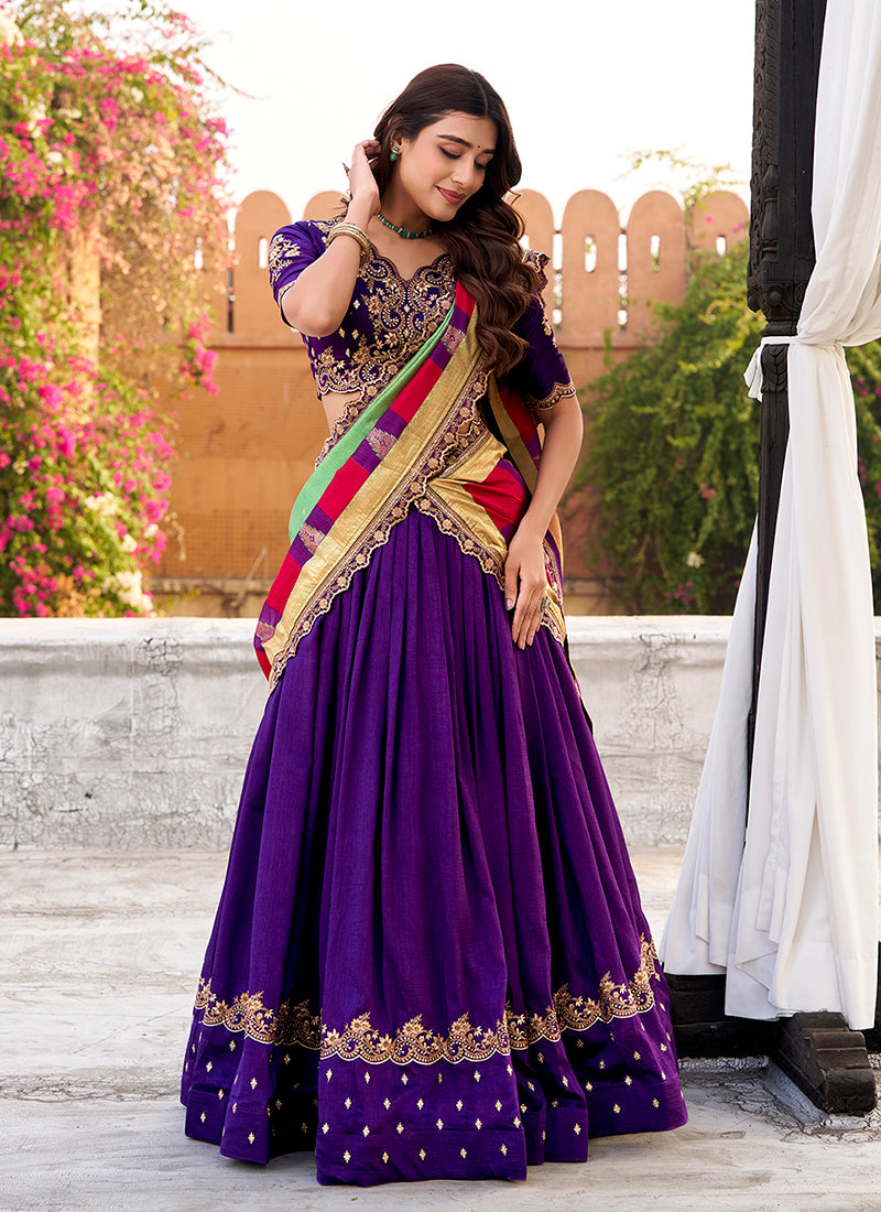 Violet Golden Embroidered Festive Lehenga Choli