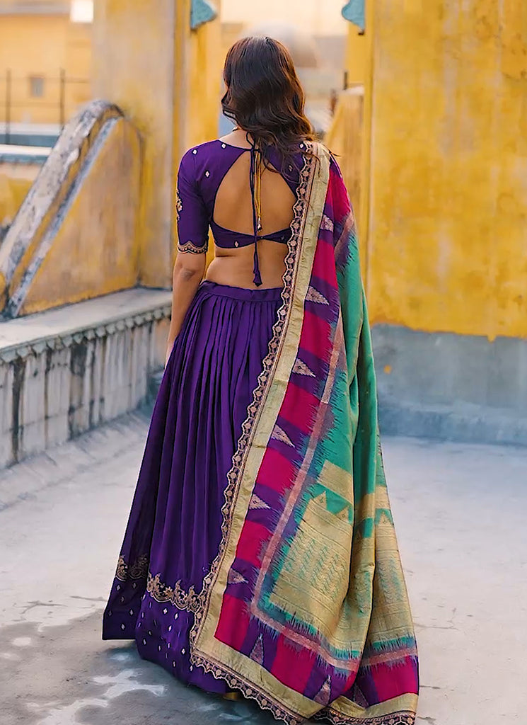 Violet Golden Embroidered Festive Lehenga Choli