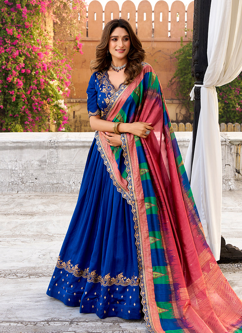 Indigo Blue Golden Embroidered Festive Lehenga Choli