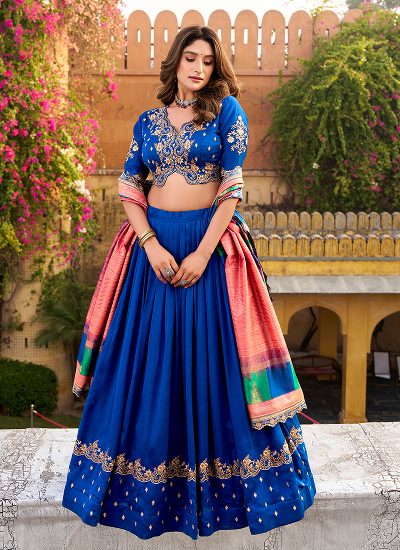 Indigo Blue Golden Embroidered Festive Lehenga Choli