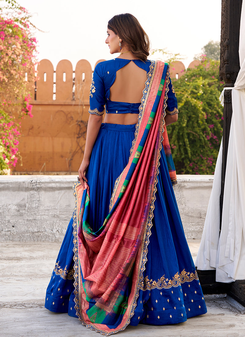 Indigo Blue Golden Embroidered Festive Lehenga Choli