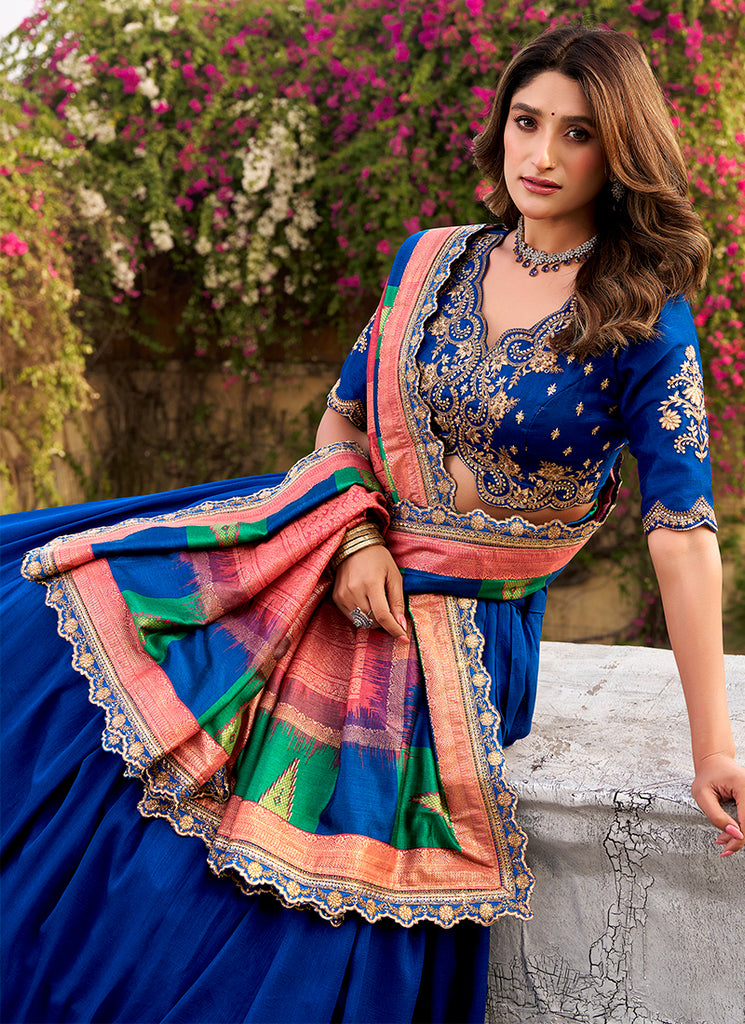 Indigo Blue Golden Embroidered Festive Lehenga Choli