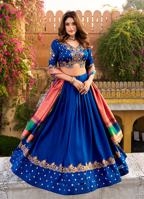 Indigo Blue Golden Embroidered Festive Lehenga Choli