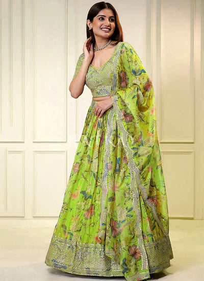 Lime Green Sequins Embroidered Party Wear Lehenga Choli