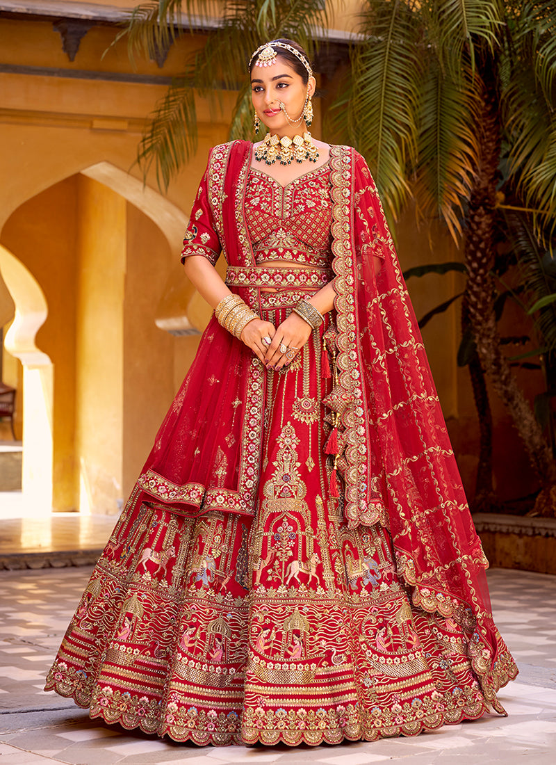 Bridal Red Multi Embroidery Wedding Lehenga Choli With Belt