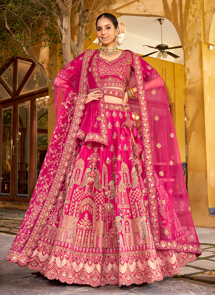Rani Pink Multi Embroidery Bridal Lehenga Choli With Belt