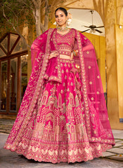 Rani Pink Multi Embroidery Bridal Lehenga Choli With Belt