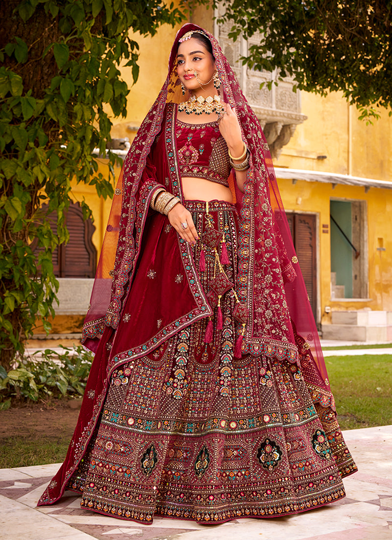 Crimson Red Multi Embroidery Bridal Lehenga Choli With Belt