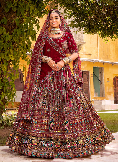 Maroon Multi Embroidery Bridal Lehenga Choli With Belt