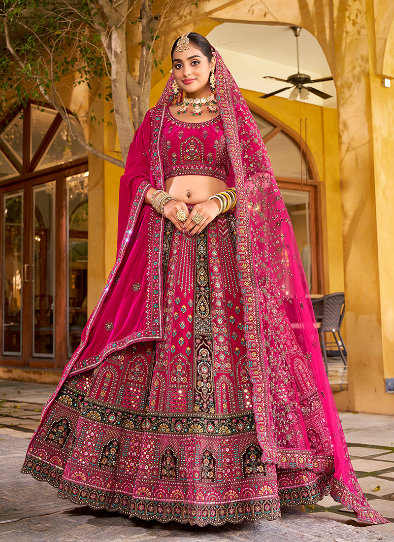 Magenta Pink Multi Embroidery Bridal Lehenga Choli With Belt