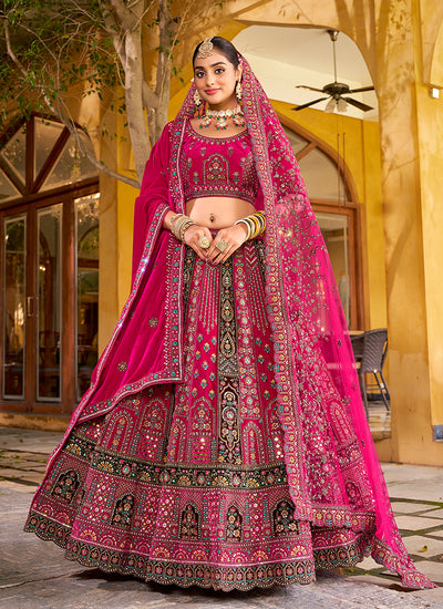 Magenta Pink Multi Embroidery Bridal Lehenga Choli With Belt