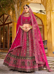 Magenta Pink Multi Embroidery Bridal Lehenga Choli With Belt