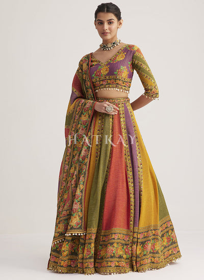 Green Multicolored Printed Silk Lehenga Choli