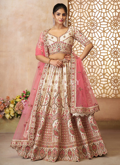 Ivory And Pink Traditional Embroidery Bridal Lehenga Choli