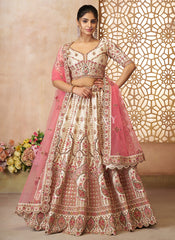 Ivory And Pink Traditional Embroidery Bridal Lehenga Choli