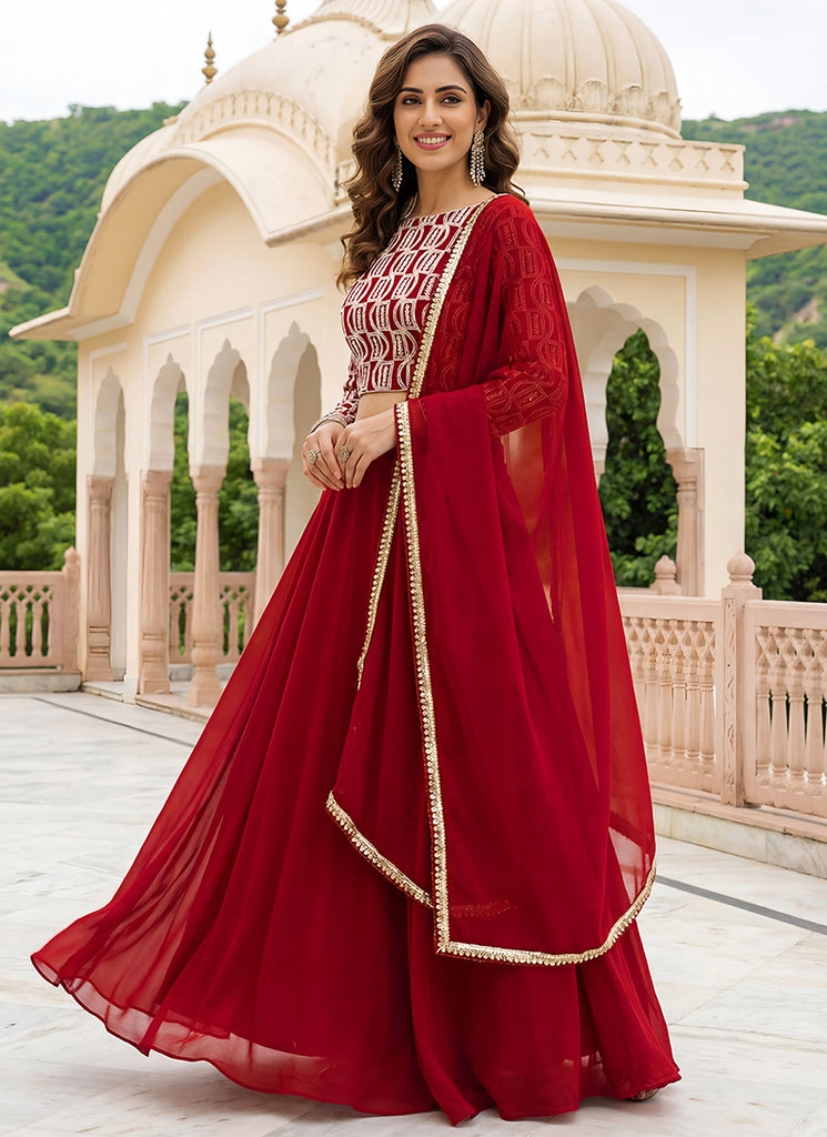 Red Thread Embroidery Partywear Lehenga Choli