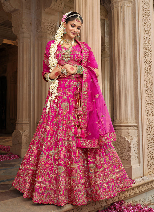 Magenta Pink Traditional Embroidery Wedding Lehenga Choli