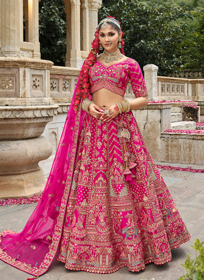 Hot Pink Traditional Embroidery Wedding Lehenga Choli