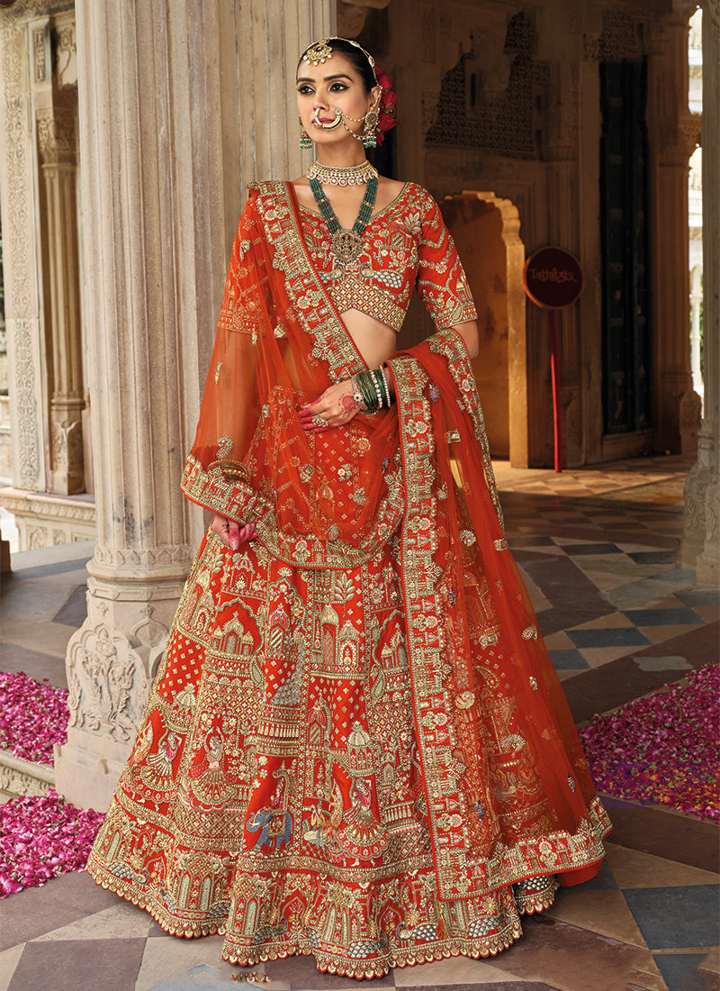 Burnt Orange Traditional Embroidery Wedding Lehenga Choli