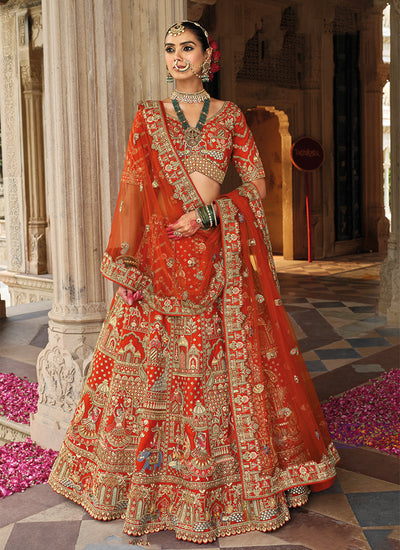Burnt Orange Traditional Embroidery Wedding Lehenga Choli