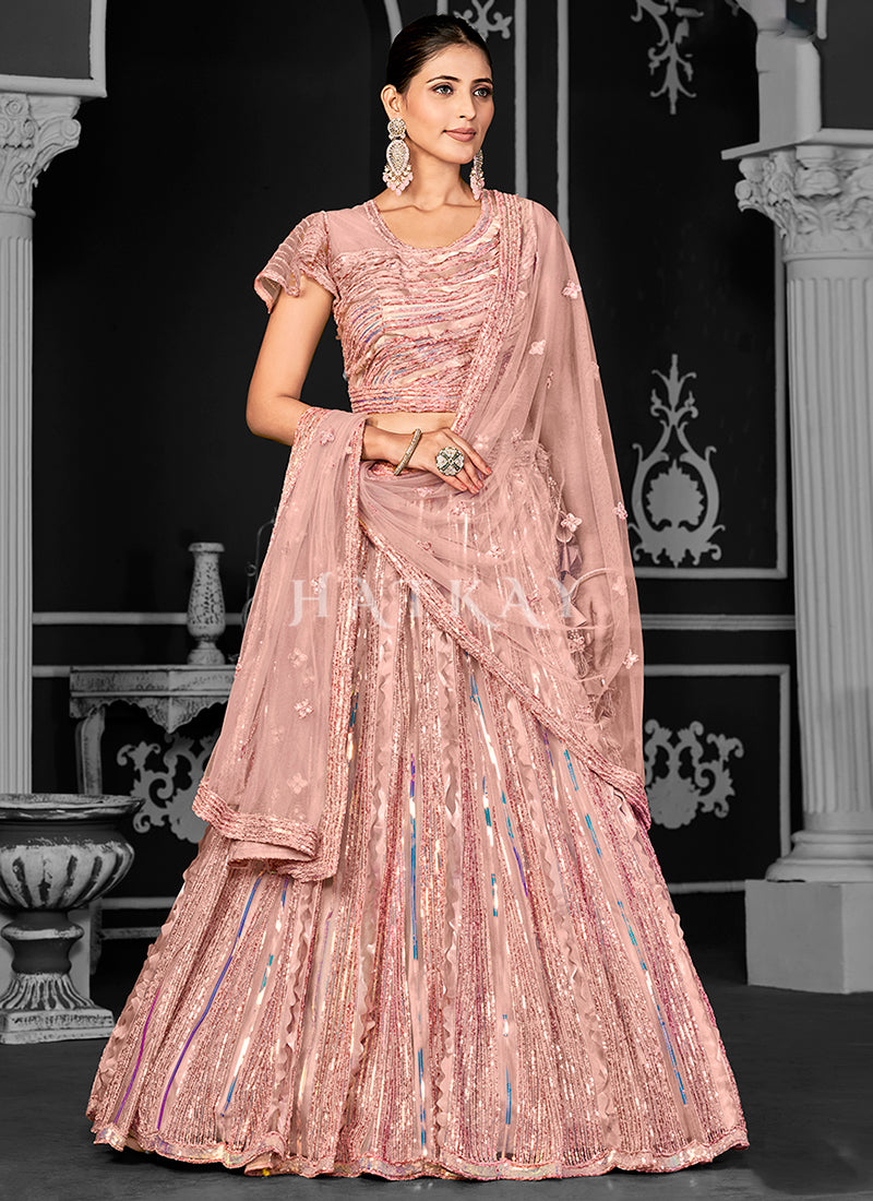 Peach Sequins Embroidery Bridal Lehenga Choli