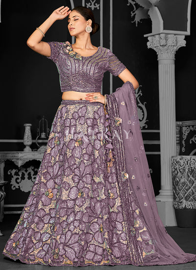 Purple Sequins Embroidery Bridal Lehenga Choli