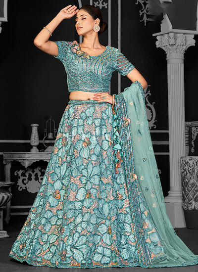 Teal Blue Sequins Embroidery Bridal Lehenga Choli