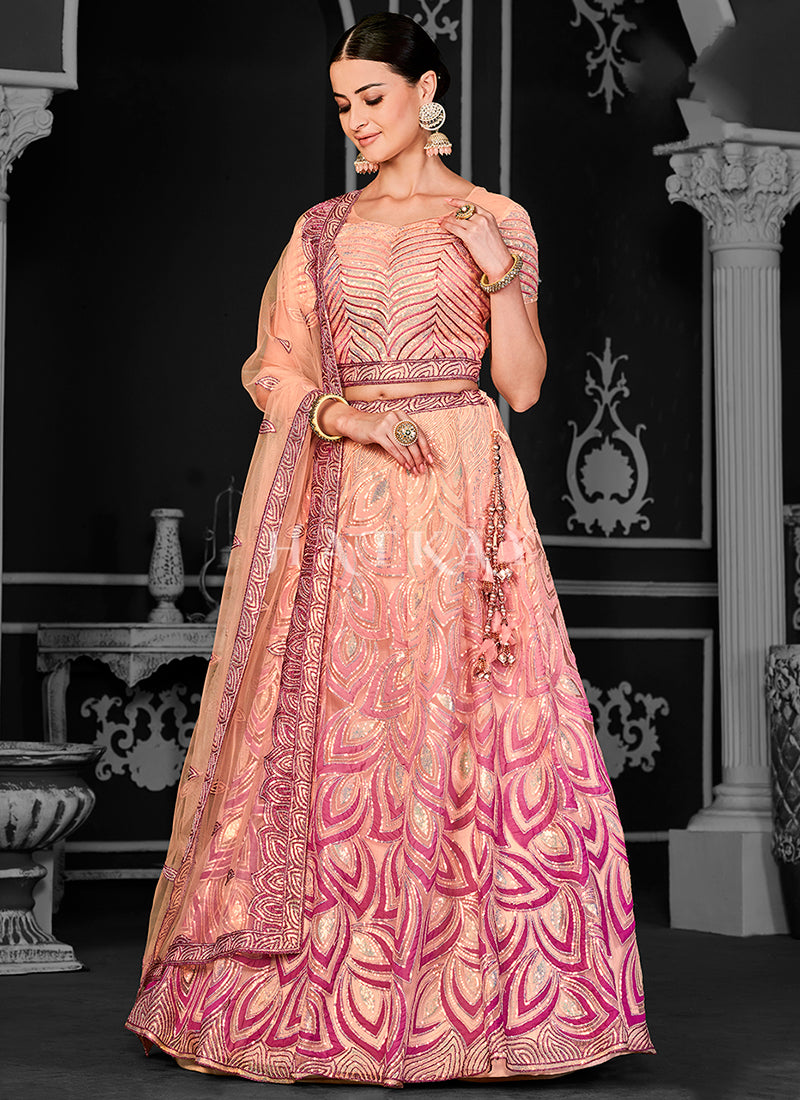 Deep Peach Sequins Embroidery Bridal Lehenga Choli