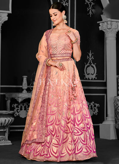 Deep Peach Sequins Embroidery Bridal Lehenga Choli
