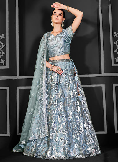 Light Blue Sequins Embroidery Bridal Lehenga Choli
