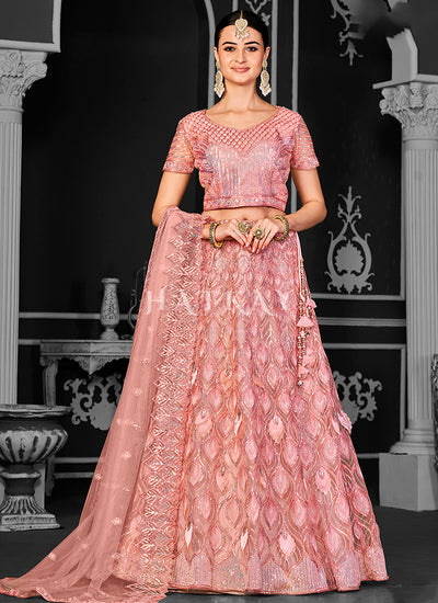 Salmon Pink Sequins Embroidery Bridal Lehenga Choli