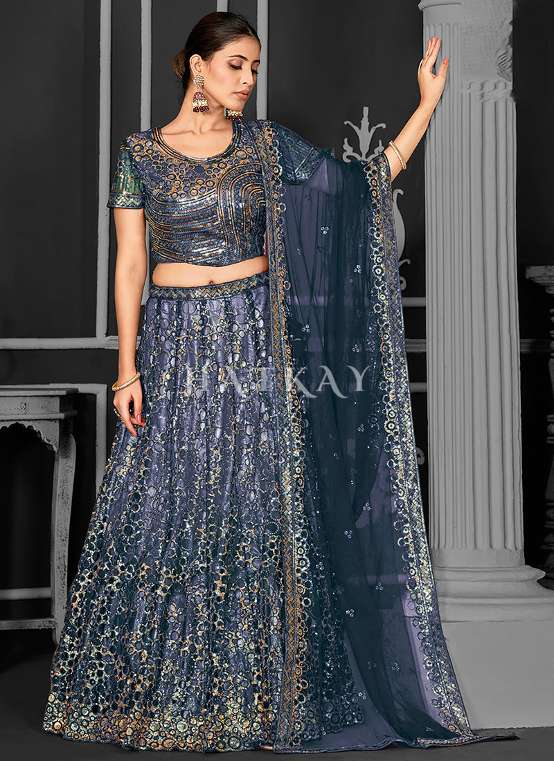 Dark Blue Sequins Embroidery Bridal Lehenga Choli