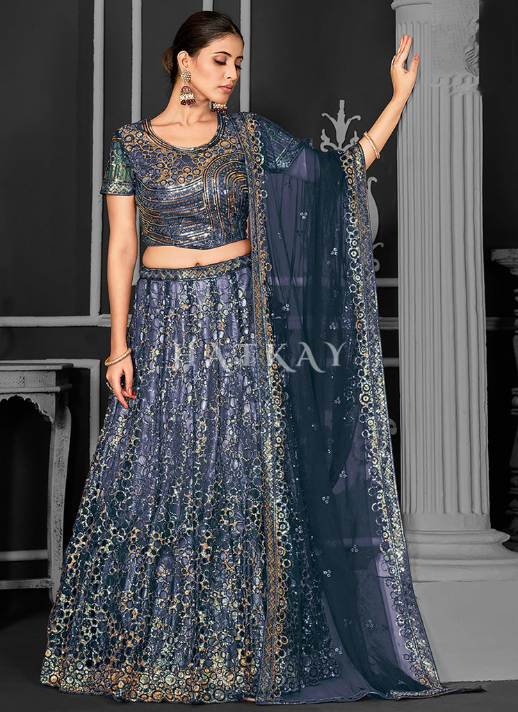 Dark Blue Sequins Embroidery Bridal Lehenga Choli